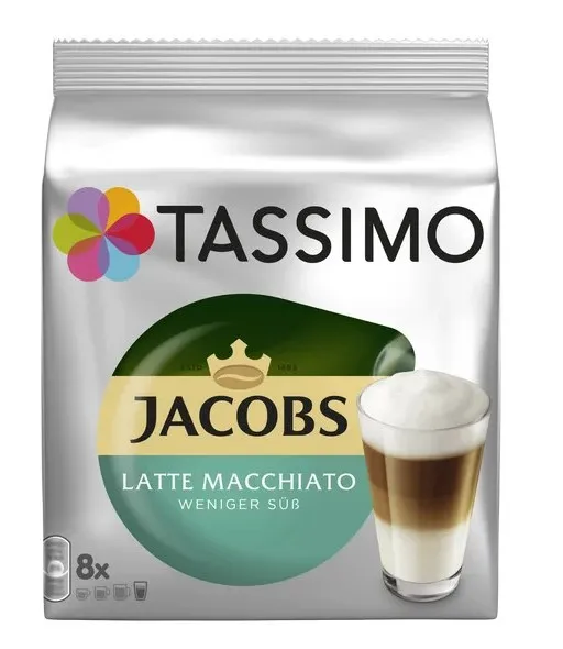 TASSIMO coffee Capsules Jacobs Latte Macchiato Less Sugar - 8 Milk + 8 Espresso